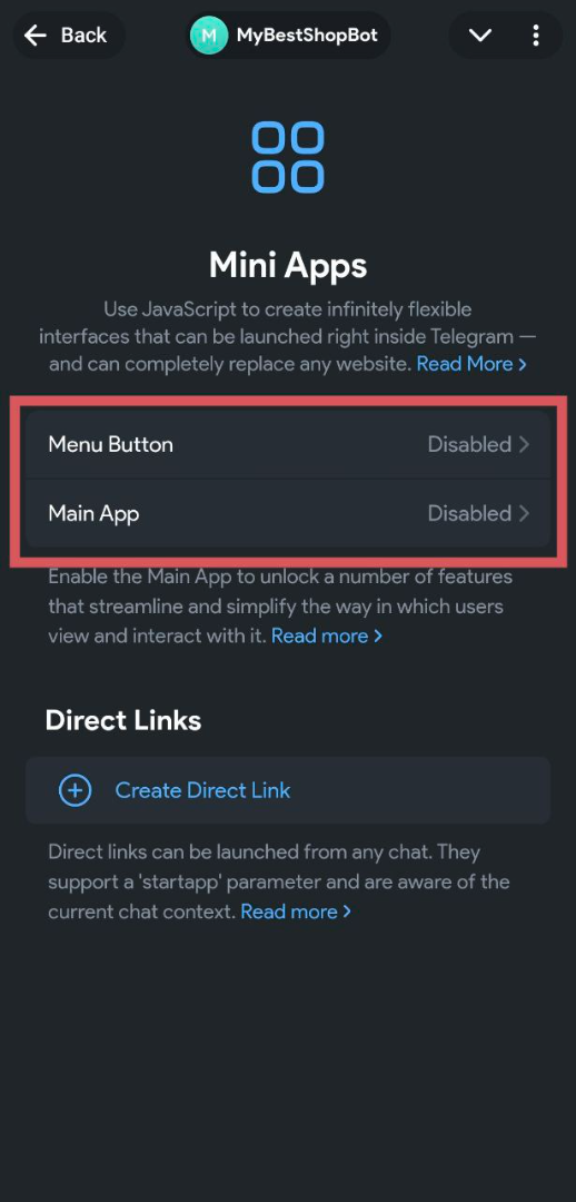 Разделы Menu Button и Main App в BotFather
